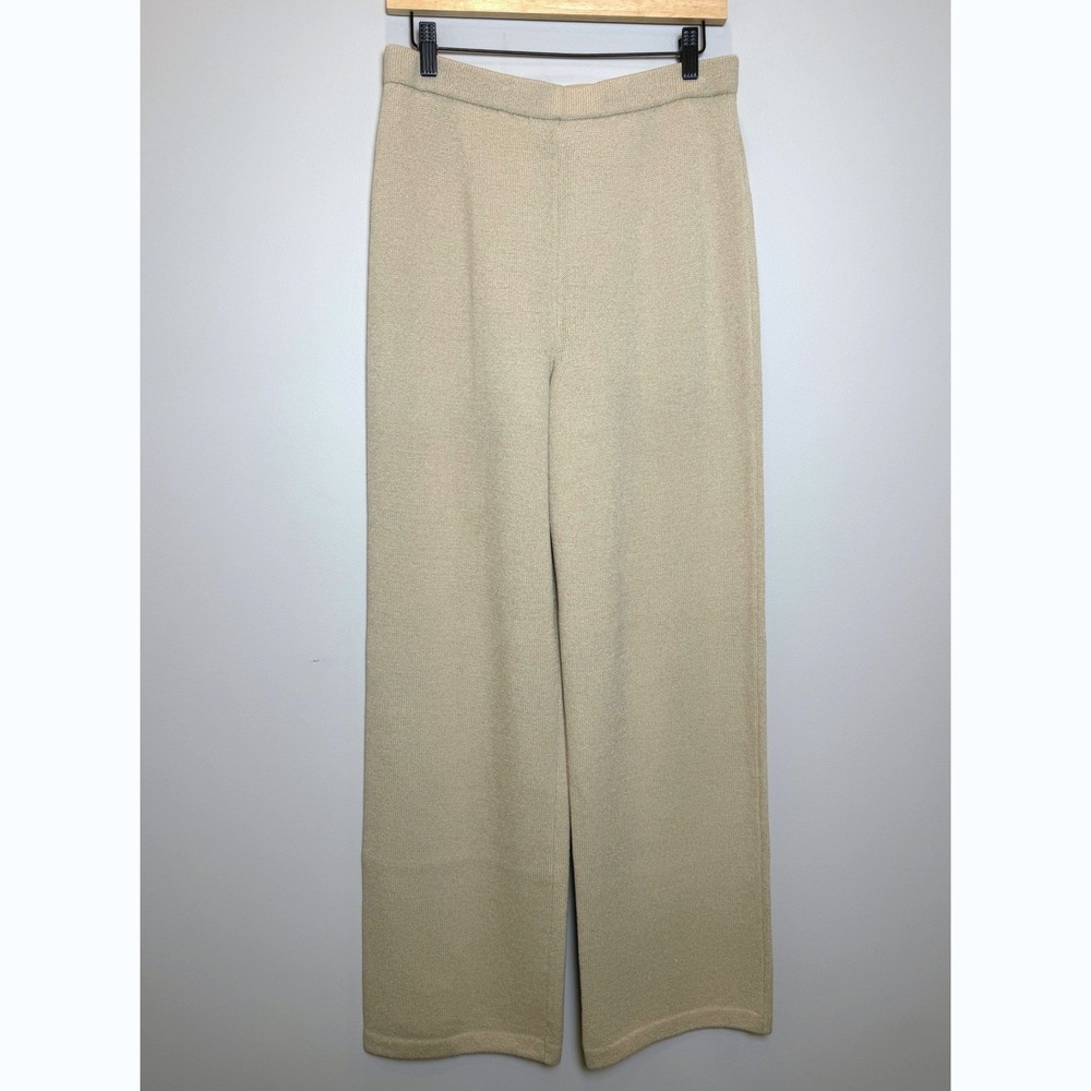 St. John Wool Blend Santana Knit Wide Leg Textured Pants Luxury 10 Tan Pull On